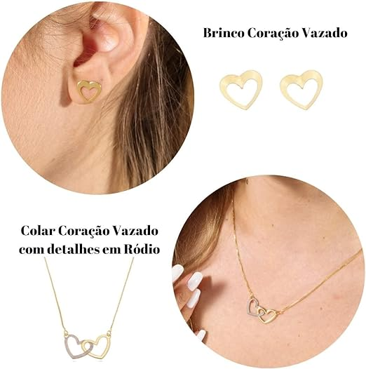 Presentes até 50 reais - Conjunto de Brinco e Colar Coração Vazado