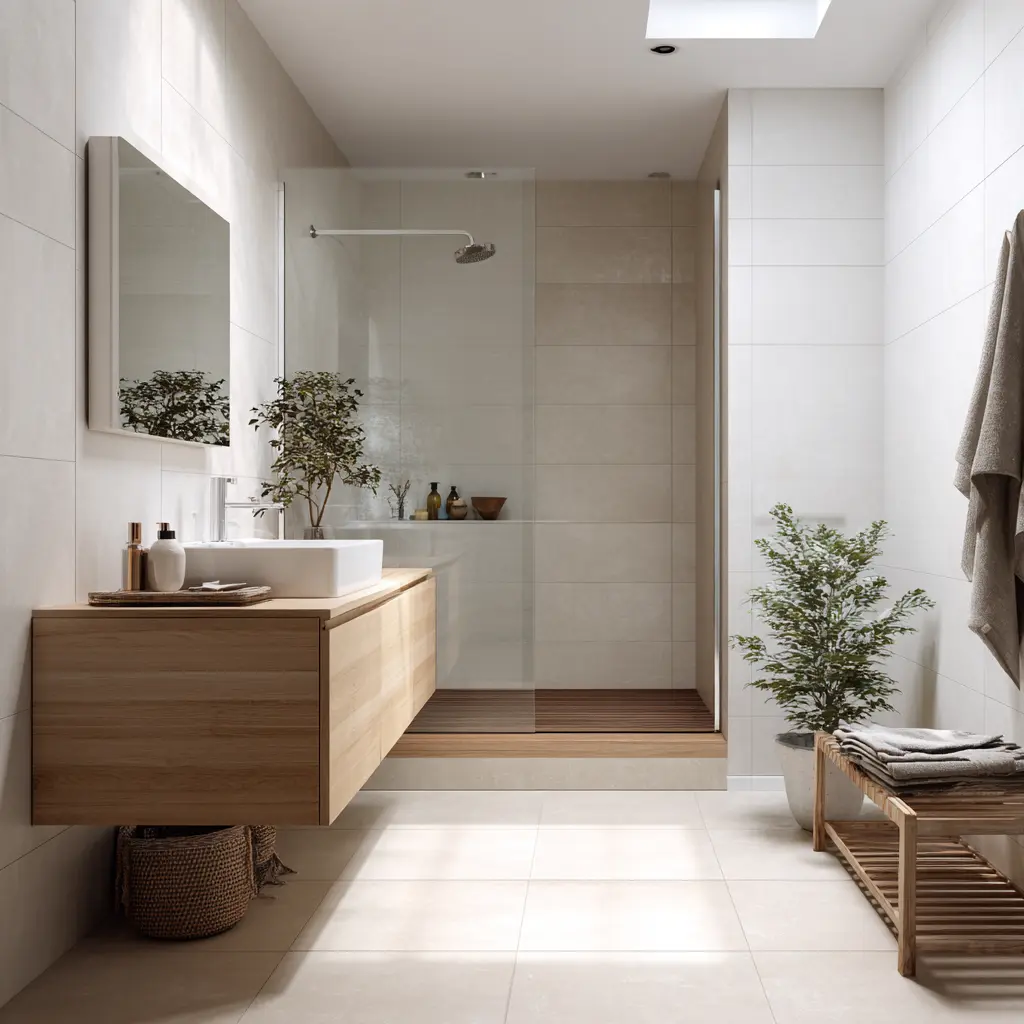 Banheiro minimalista com bancada suspensa de madeira clara, cuba branca, box de vidro transparente, tons neutros, iluminação natural e decoração funcional com plantas.