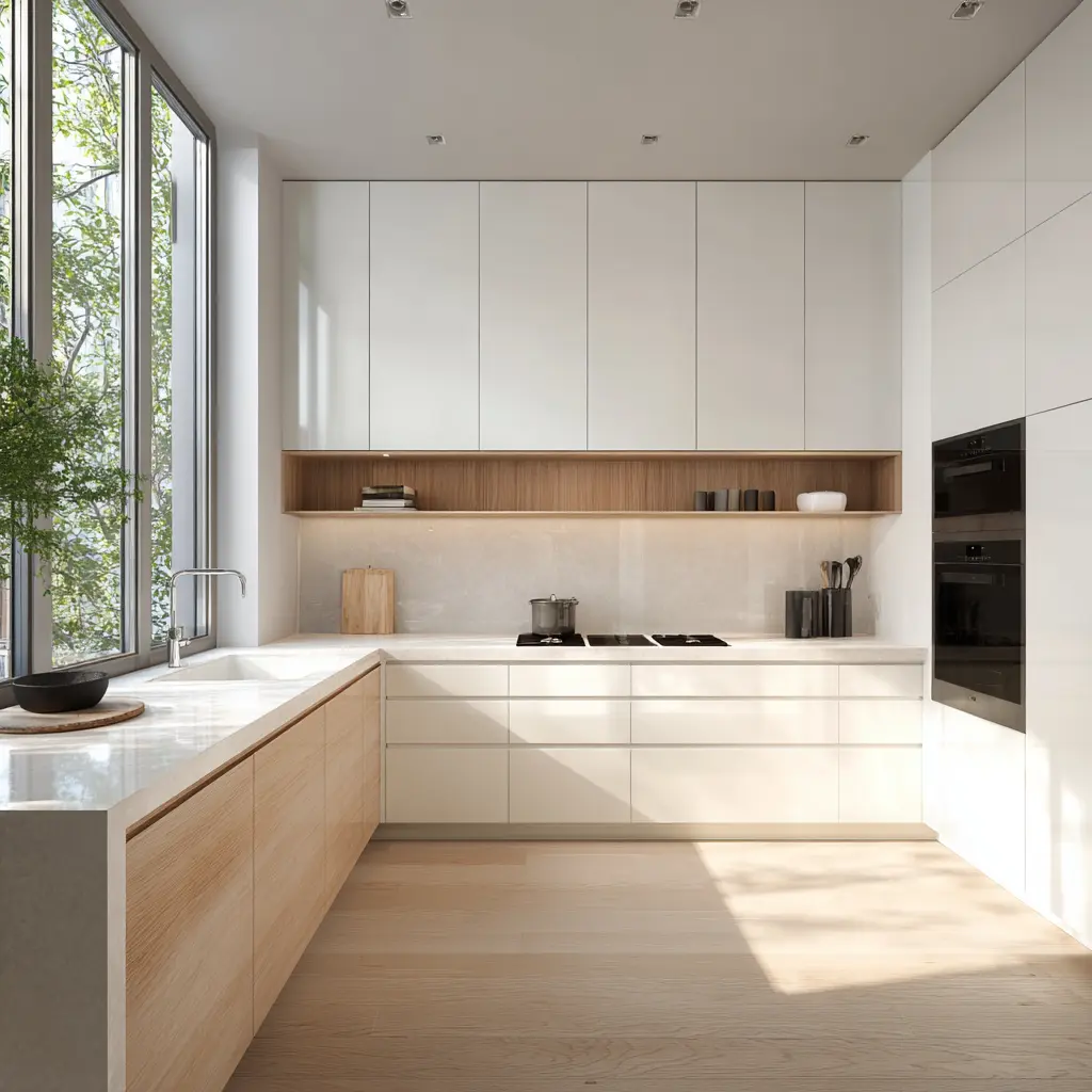 Cozinha minimalista com armários brancos, linhas retas, detalhes em madeira clara, iluminação natural abundante, poucos objetos decorativos e design funcional e organizado.