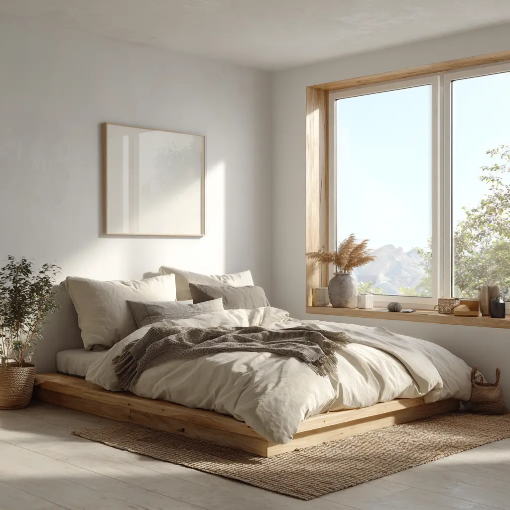 Quarto minimalista com cama baixa de madeira natural, roupa de cama em tons neutros, iluminação natural abundante, janela ampla com moldura em madeira, decoração clean, poucos objetos decorativos e ambiente calmo, funcional e aconchegante.