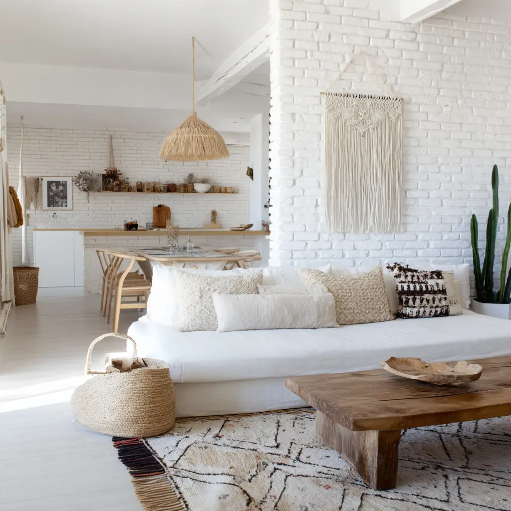 Ambiente integrado de sala e cozinha em estilo minimalista, com sofá branco, mesa de madeira natural, paredes brancas com textura, iluminação em fibra natural e decoração funcional em tons neutros.